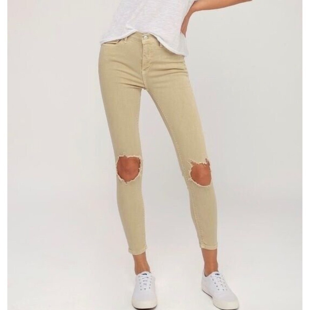 Free People Womens High Rise Busted Distressed Skinny Jeans Khaki Tan size 27 - Picture 2 of 9
